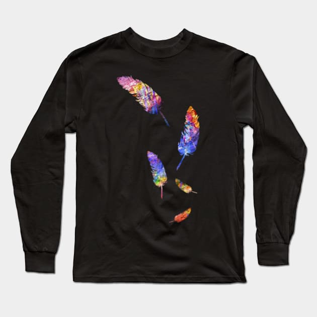 Colorful Feathers Watercolor Art Design Purple Blue Red Gift Long Sleeve T-Shirt by twizzler3b